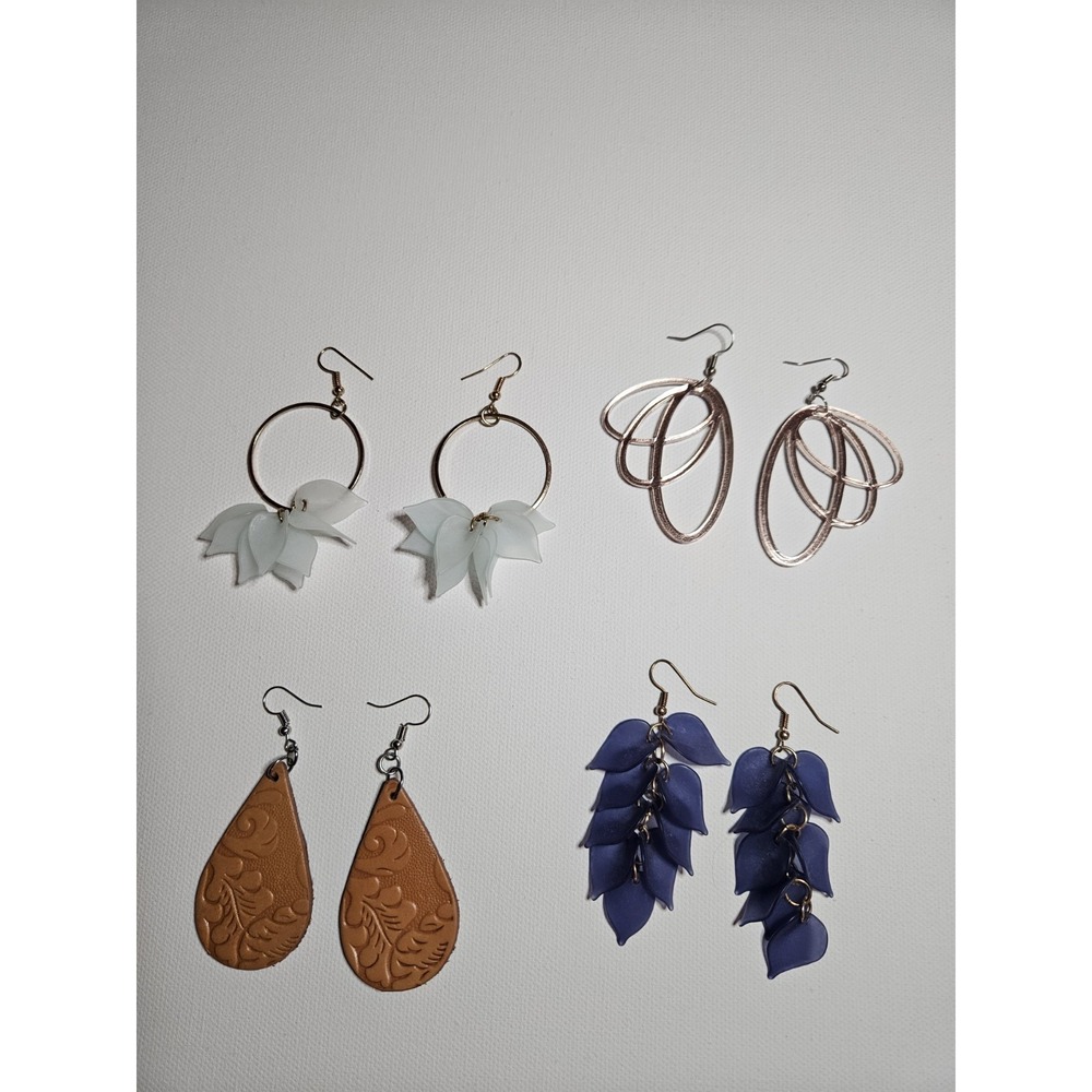 Boho Statement Earring Lot 4 Pairs Hoop Petal Tooled Leather Rose Gold Dangle